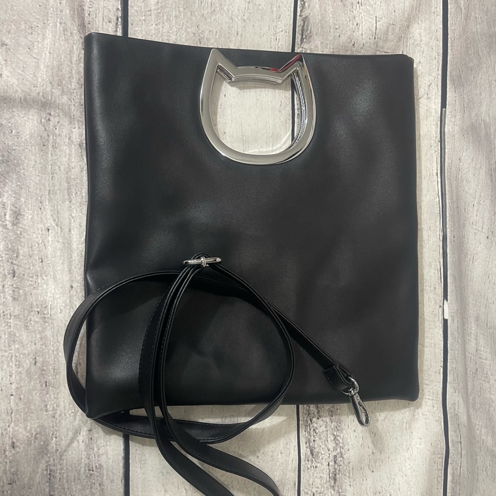 NWOT BLACK PU LEATHER CAT TOTE OR CROSSBODY